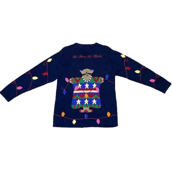 Vintage Quacker Factory Cat Holiday Christmas Light Sweater Cardigan Blue Medium - Picture 10 of 12